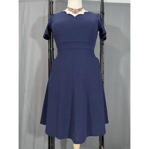 Elegant Vintage 50s Style Scallop Trim V-Neck Casual Work Dress Sz L Pockets #J